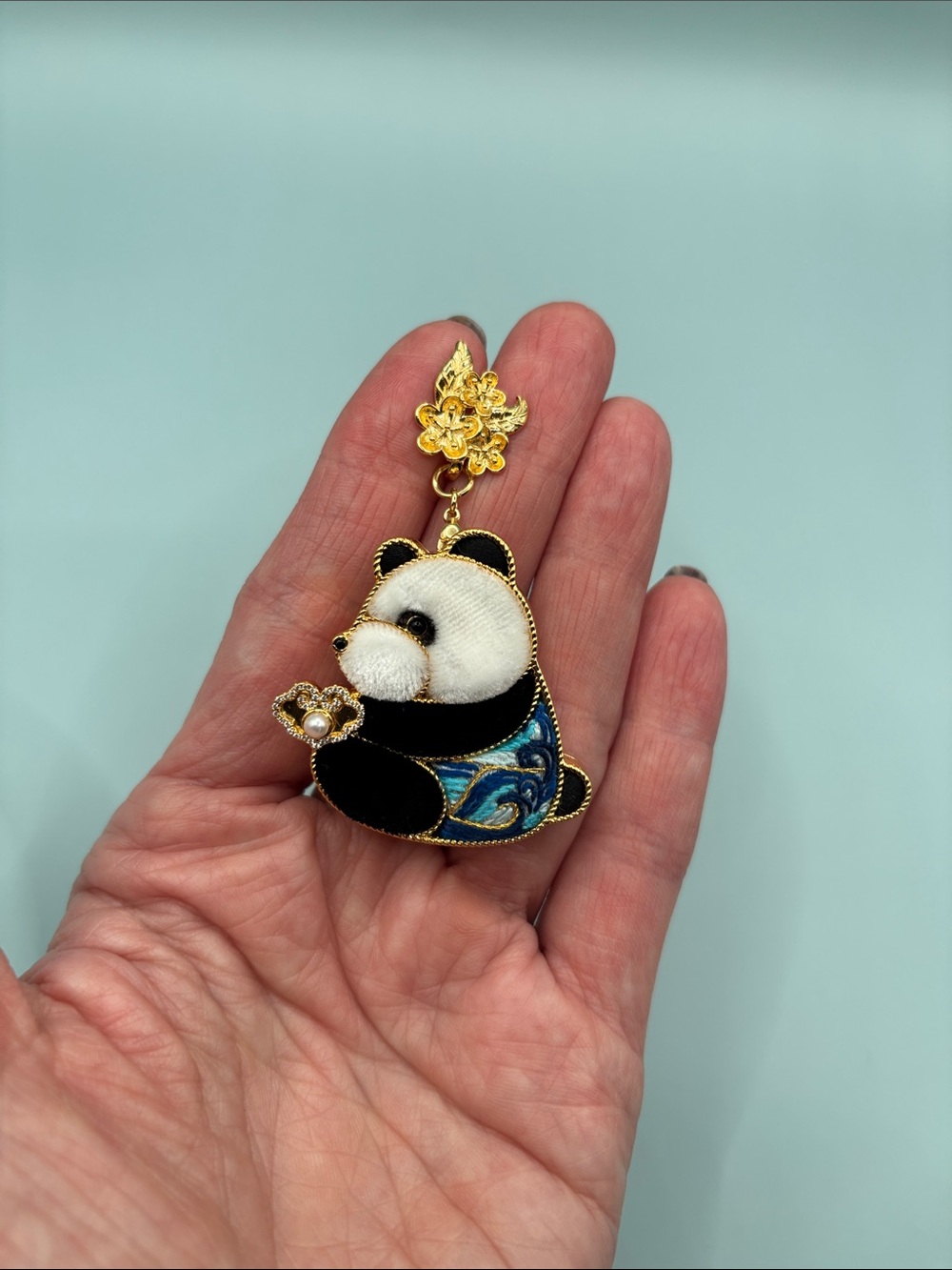 Panda Embroidered, Fur and Gold Piping Pendant with Pearl and Blue Wave Detail - Picture 3 of 8
